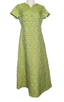 Handmade Vtg 60s Lime Green Metallic Print Long Gown Dress  Short Sleeve Mod 10?