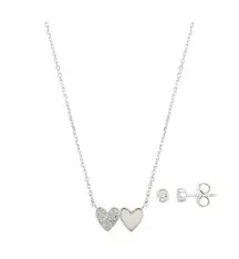 UNWRITTEN Double Heart Pendant Necklace and Earring Set in Silver MSRP $45 NWT