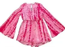 Pink Lady Bright Pink Barbie Hippie Boho Preppy Tie Dye Bell Sleeve Mini Romper