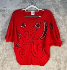 VTG Barry & Me Sweater Large Red Sequin Celestial Stars and Moon 80s 90s