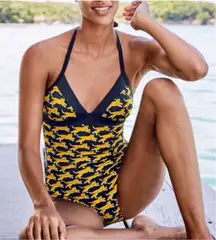 NWT Boden Navy Spotted Cheetah Print One Piece Halter Top Swimsuit US 12