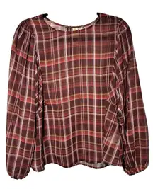 Dolan Brown and White Long Sleeve Blouse Size‎ Small Sheer Puff Sleeves Plaid
