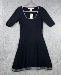 MAX STUDIO Knit Dress Women Medium Square Neck 3/4 Sleeve A Line White Trim