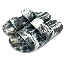 Crocs Size 7 Classic Marbled Slide Black White Sandals Double Strap