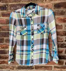 At Last Brown Green Blue Plaid Long Sleeve Button Down Top Women's size Small