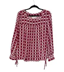 Red & White Floral Print Tie Waist Long Sleeve Blouse