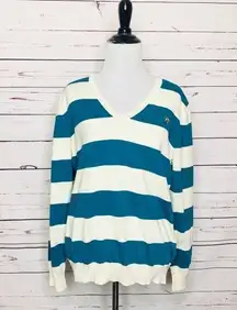 Classic Preppy Teal & Cream Striped V Neck Sweater Size XL