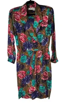 Vintage Olive Green Floral 100% Silk Faux Wrap Long‎ Sleeve Dress with Belt