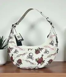 Ed Hardy White Skull Rose Tattoo Print Hobo Shoulder Bag Studded Punk Rock