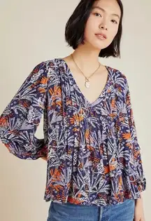 Maeve Anthropologie Cathy Pleated Jungle Blouse Blue Orange‎ Size XS Boho Animal
