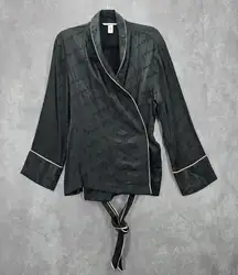 Victoria's Secrets Black Wrap Pajama‎ Top Sleep Logo Tie White Trim L Large