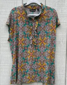 7th Avenue Yellow Teal Shortsleeved‎ Blouse Top Shirt Summer Dressy XL