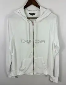 Bebe Sport Hoodie‎ Womens XL White Terry Zip Rhinestone Logo Y2K McBling Glam