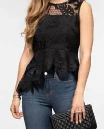 MILLY LENA PALM LACE EMBROIDERY SLEEVELESS PEPLUM BLOUSE IN BLACK S NWT