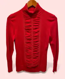Cute red stretchy ruched front ribbed turtleneck sweater Alfani holiday dressy