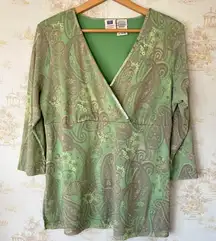 Vintage 90s y2k fairy Faded Glory green paisley sequin babydoll 3/4 sleeve top