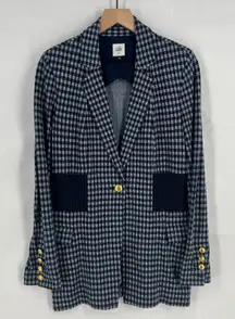Cabi Checkup Blazer Jacket Womens Medium Navy Blue Gingham Check Stretch Formal