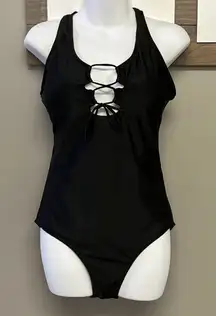 SHEIN Black One Piece Plunging Neckline with Tie and Razorback Swimsuit- Large