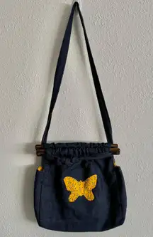 Vintage Y2K Blue Denim Yellow Butterfly Boho Cottage Jean Crossbody Bag Purse