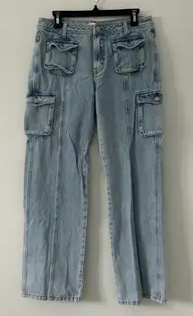 Superdown Brittany Mid Rise Y2K Cargo Light Wash Baggy Denim Straight Jeans 26