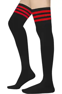 Black Thigh High Nylon Stockings with Red Stripes – Retro Athletic Look