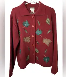 VTG Crystal Kobe Burgundy Appliqué Fall Leaf Cardigan Sweater