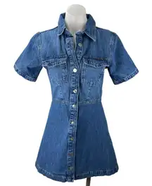 Zara Blue Medium Wash Short Sleeve Button Down A Line Mini Denim Jean Dress Sz S