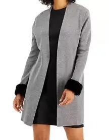 Kasper  Faux-Fur-Cuff Open-Front Cardigan Size Medium in Gray and Black NWT