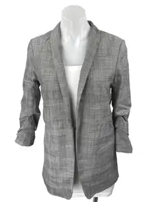 H&M Gray Plaid Long Sleeve Shaw Collar Pocket Open Blazer Coat Jacket Size 2