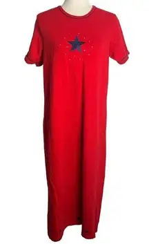 Vintage 90s Quacker Factory T Shirt Maxi Dress M Red Embroidery Stars Rhinestone