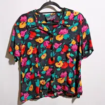 VTG 80s Carole Little Black AOP Floral Button Up Top Peter Pan Collar Retro‎ PL
