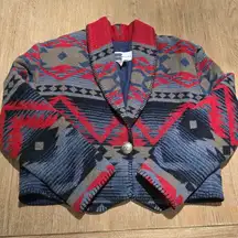 Vtg Rhonda Stark Southwestern Cropped Blanket Jacket Aztec Wool Blend sz L USA