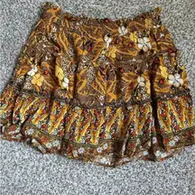 🦋 Rachel Zoe Yellow Brown Floral Ruffle Mini Skirt Stretch Casual Large