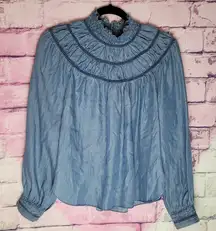 REBECCA MINKOFF JORDANA TOP 100% TENCEL DENIM CHAMBRAY MOCK NECK BLOUSE SMALL