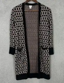 Chicos sweater womens XS petite black jacquard chain link cardigan open front