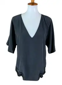 Elizabeth And James Black Silk V Neck Lace Trim Blouse XS Minimalist Boho Chic