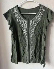 Time And Tru Women’s Olive Embroidered Front Short Sleeves Rayon Blouse Size S.