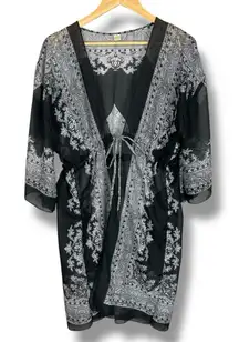 Spicy‎ Bambu Sheer Wrap Bathing Suit Cover-Up Robe Black White Tie Front Viscose