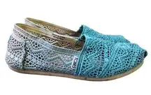 Toms  Shoes Women 6.5 Blue Ivory Dip Dyed Ombre Crochet Baltic Slip On Flats