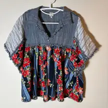 Ivy Jane Boho Lagenlook Mixed Print Babydoll Top Frayed Edges Size S/M