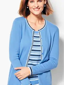 TALBOTS Charming Cardigan - Tipped, Size MP
 Blue Button-Up with White Trim