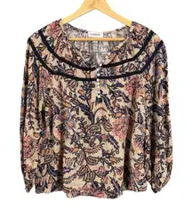 Evereve Floral Peasant Blouse XS Rayon Boho Top Henley Long Sleeve