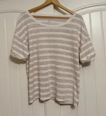 Talbots Roll Cuff T Shirt XL Xtra Large White Gold Stripe Linen Blend Scoop Neck