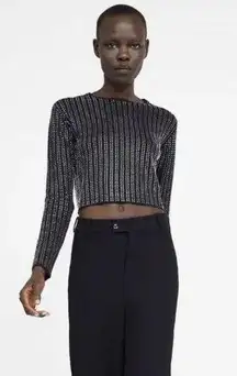 ZARA  Black Knit Shiny Gem Embellished Long Sleeve Crop Top Size S