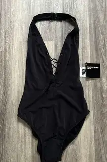 New Newport News Black Halter Deep V Swimsuit 12