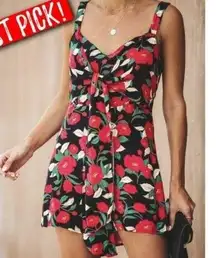 All in Favor small rose tie front romper floral fushia and black