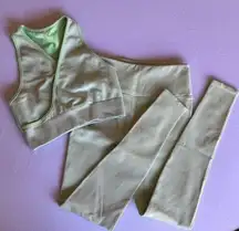 Fabletics Neon Green Ribbed Stretch Sports Bra and Leggings Set Size S