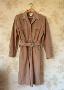 Vintage 70s 80s camel tan microsuede long sleeve belted button down shirt dress