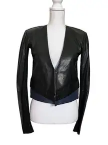 VEDA Women’s Moto Style Jacket Two Tone Black Blue Color Block 100% Leather P/XS