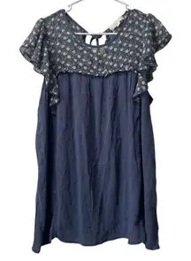 Suzanne Betro Size Large Tunic Top‎ Shirt Blue Flutter Sleeve Knit Textured Boho